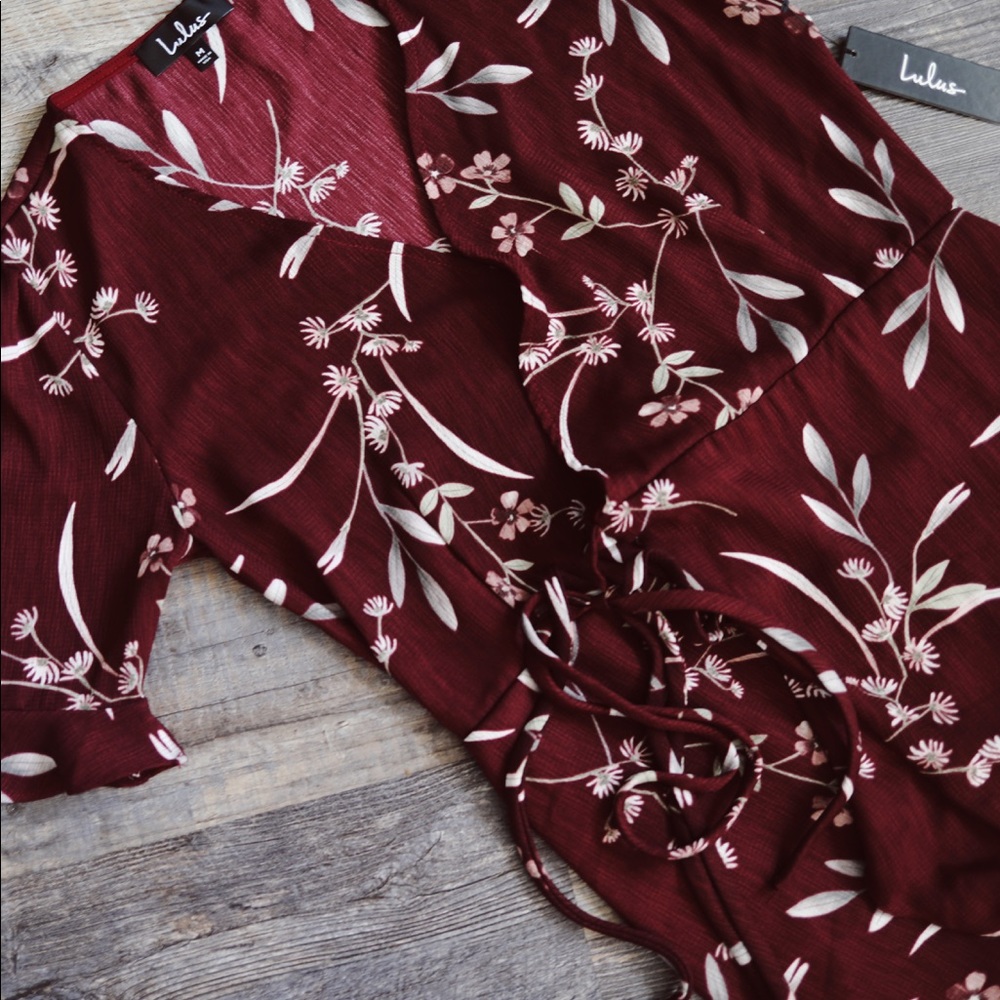 Burgundy Floral Print High-Low Wrap Dress